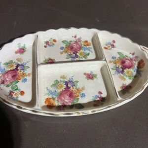 Vintage White Floral Porcelain Sectioned  gilded Divided Relish Tray - MapleWare